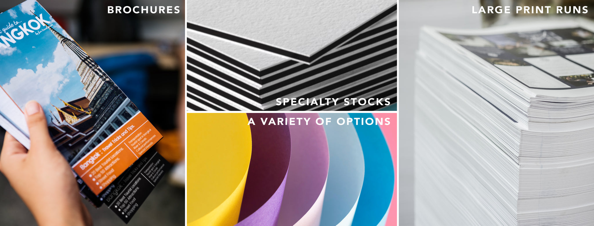 We offer a wide variety of printed products, paper stocks and printing services.