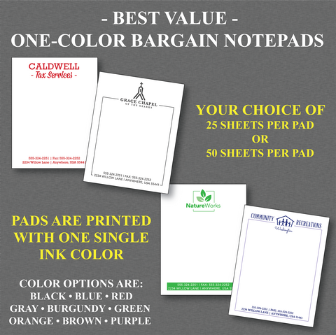 One-Color Bargain Notepads - BEST VALUE